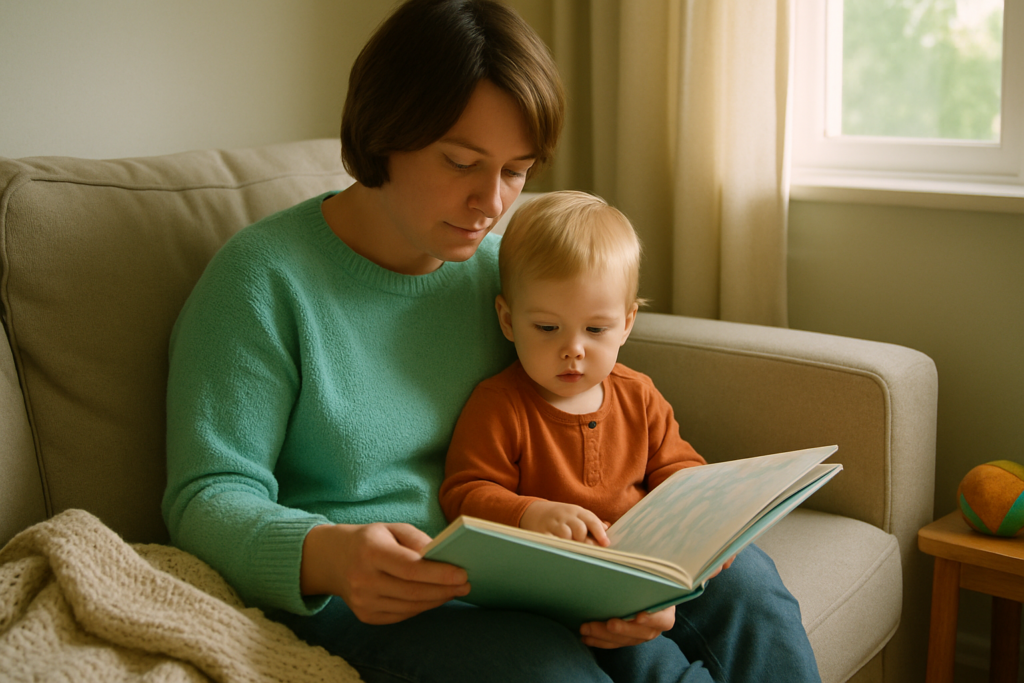 Een ouder zit met een kind op de bank samen in een boek te lezen, in een rustige, warm verlichte woonkamer.