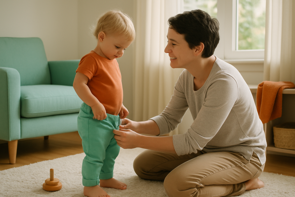 Een ouder helpt een peuter geduldig met het optrekken van de broek in een lichte woonkamer.