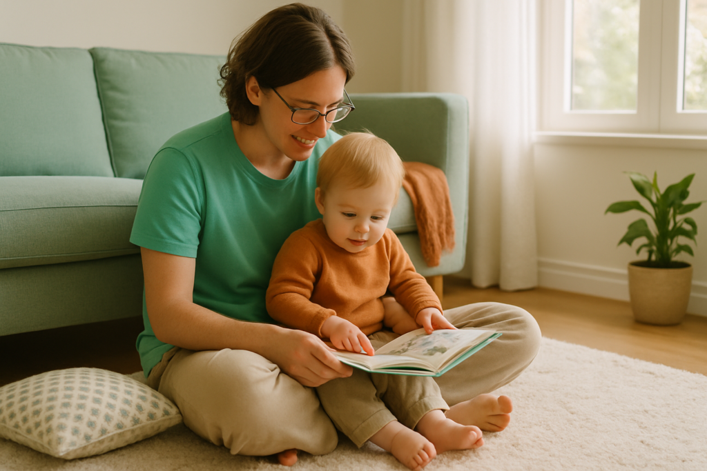 Een ouder zit op een kleed in de woonkamer met een peuter op schoot, samen een boekje bekijkend in zacht daglicht.