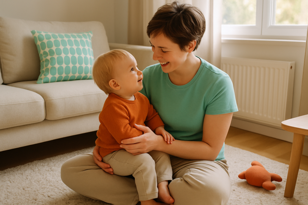 Een ouder zit met een peuter van ongeveer anderhalf jaar op schoot in een lichte woonkamer, ze kijken elkaar liefdevol aan.