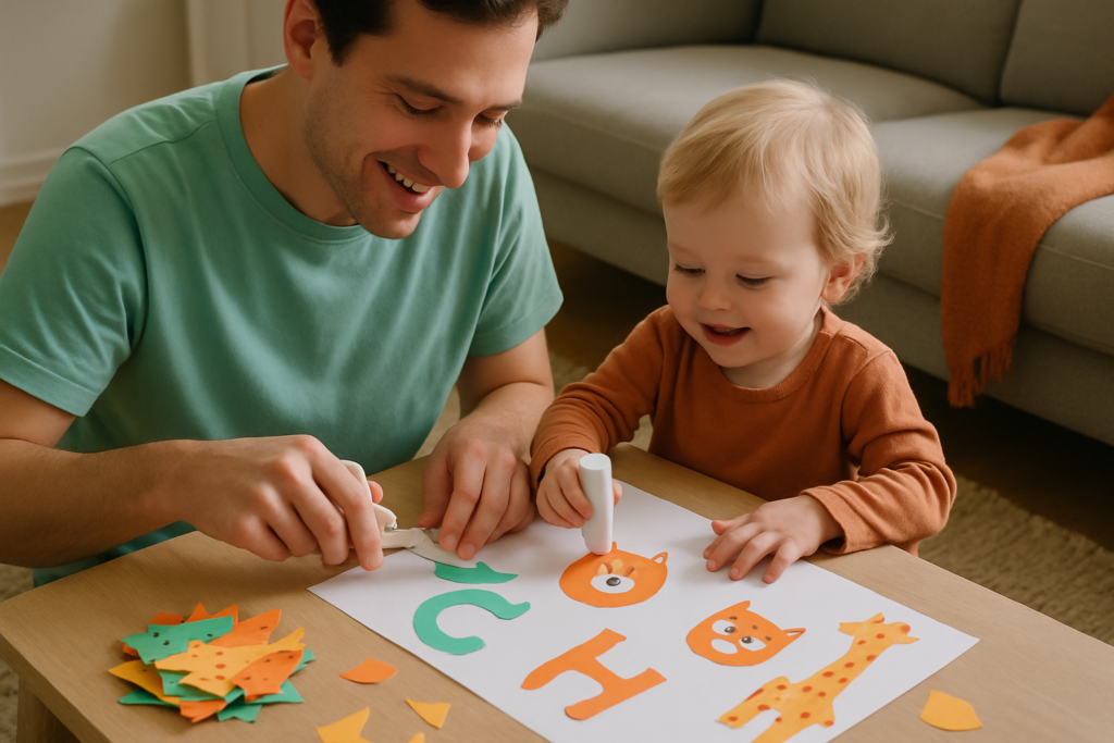 Een ouder en een peuter knutselen samen aan tafel met kleurrijke papieren dierenvormen die tot letters worden gevormd.