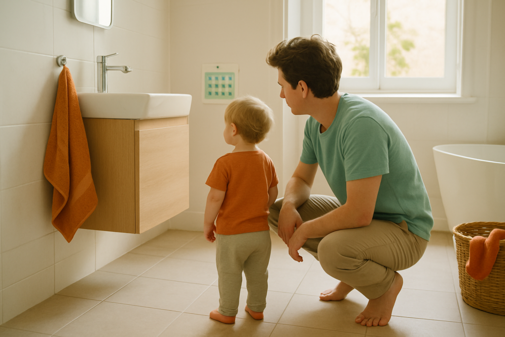 Een ouder en een peuter staan samen in een lichte badkamer bij een schema dat aan de muur hangt.