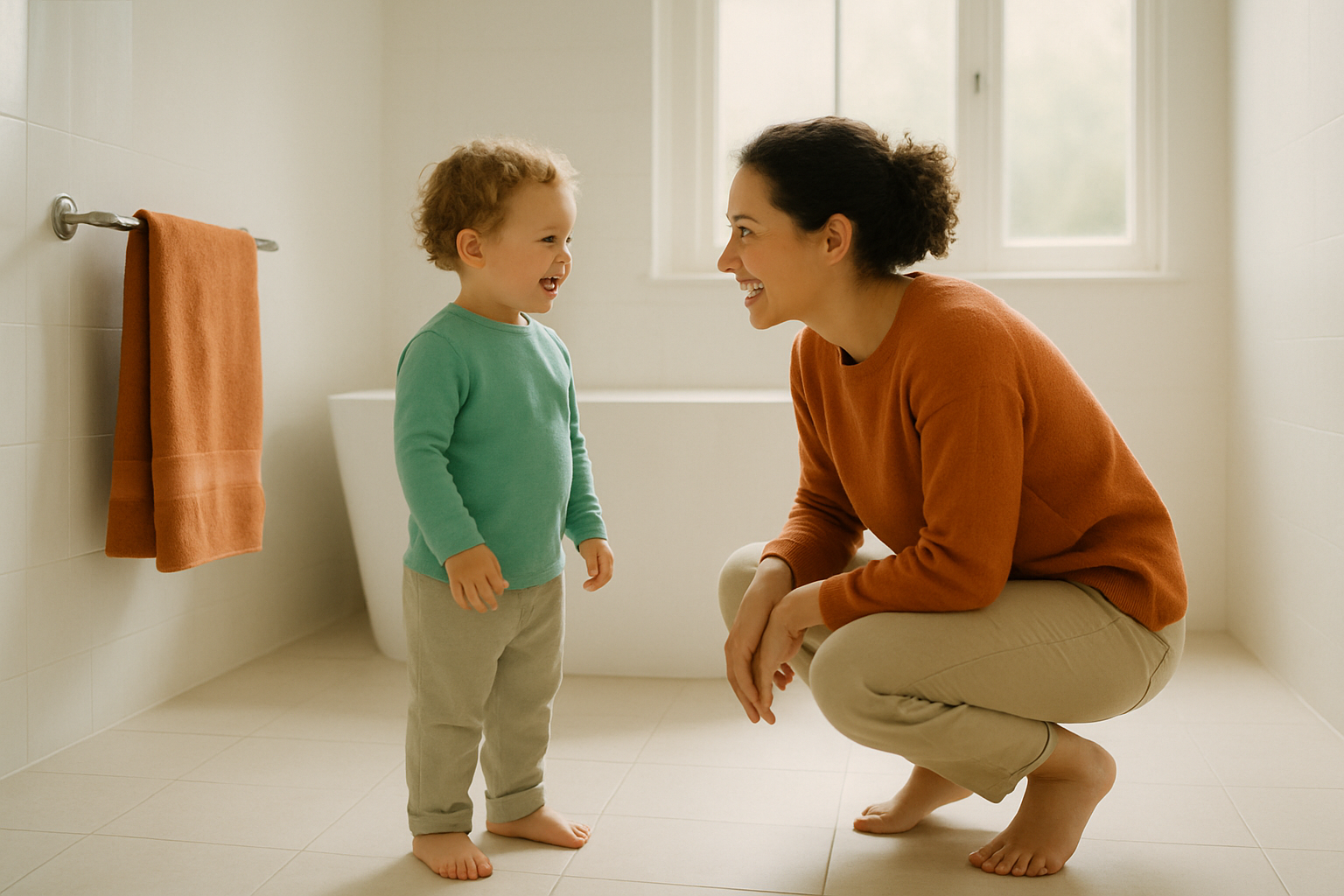 Een ouder hurkt bij een peuter in een lichte, ruime badkamer terwijl ze samen praten.