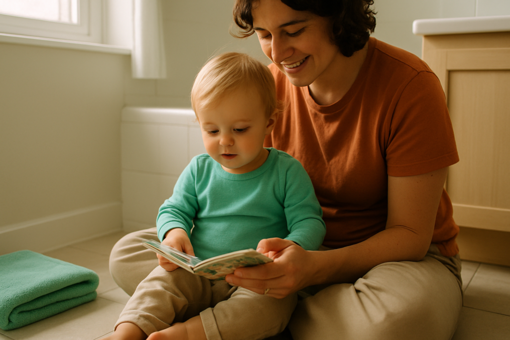 Een ouder en een peuter zitten samen op de badkamervloer een boekje te lezen in zacht daglicht.