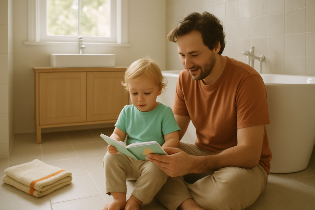 Een ouder en een peuter zitten samen op de badkamervloer een boekje te lezen in zacht daglicht.