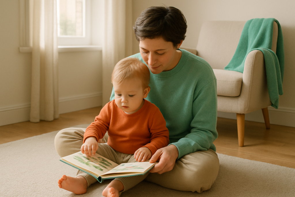 Een ouder en een peuter zitten samen op een kleed in de woonkamer een prentenboek te bekijken in zacht ochtendlicht.
