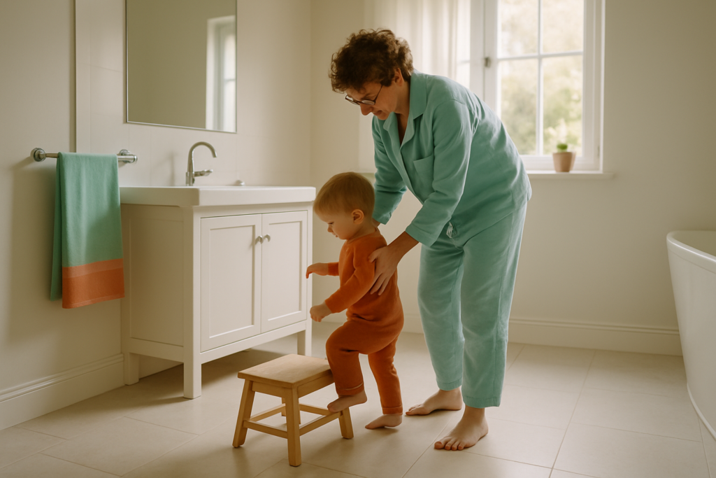 Een ouder en een peuter staan samen in een lichte, ruime badkamer bij een opstapje in de vroege ochtend.