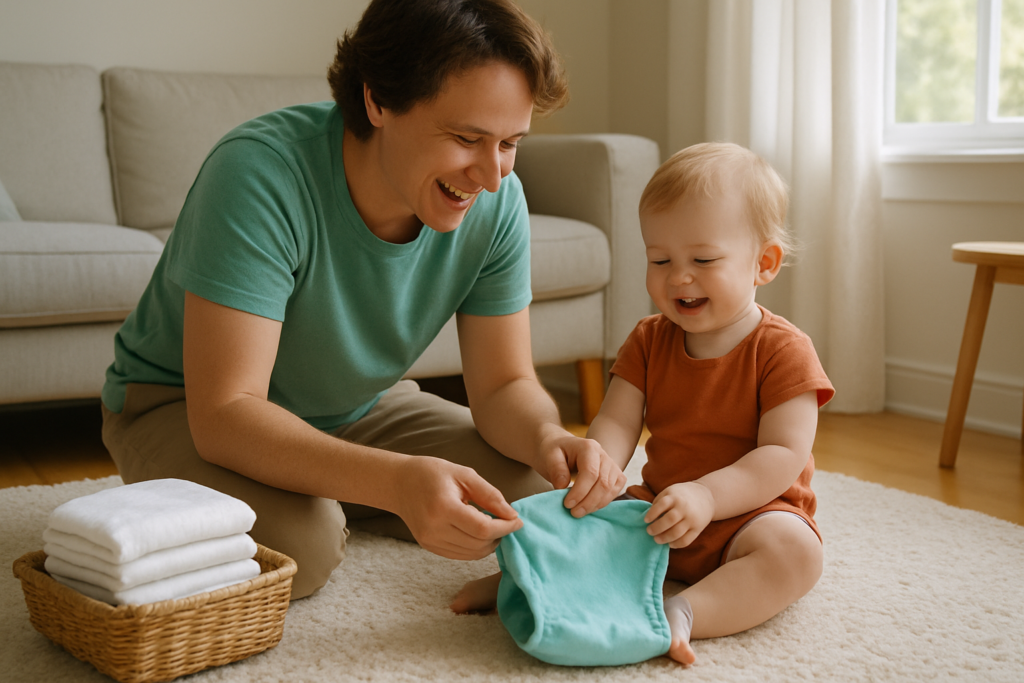 Een ouder en peuter zitten samen op een tapijt in de woonkamer terwijl ze een wasbare luier opvouwen, met een mandje stoffen luiers ernaast.
