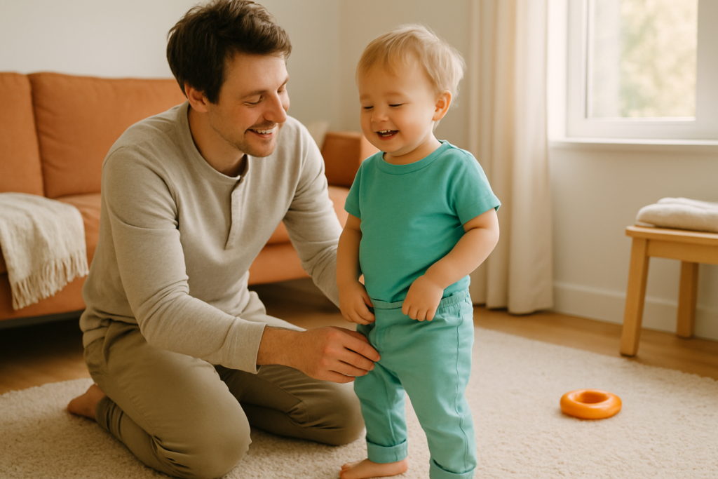 Een ouder helpt een lachend peutertje in de woonkamer met het optrekken van de broek.