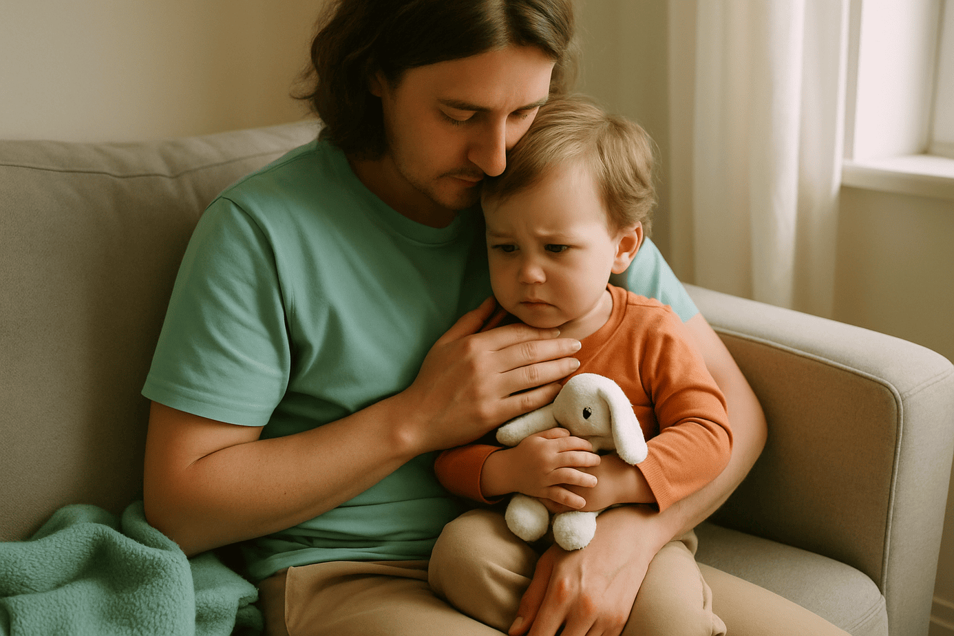 Een peuter zit op schoot bij een ouder op de bank en wordt getroost, met een gebreide deken over de leuning.