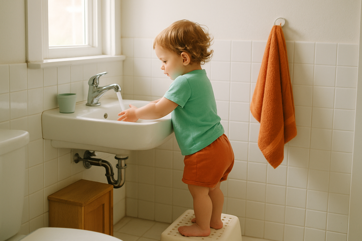 Een peuter staat op een opstapje bij de wastafel om zelf de handen te wassen in een lichte badkamer.
