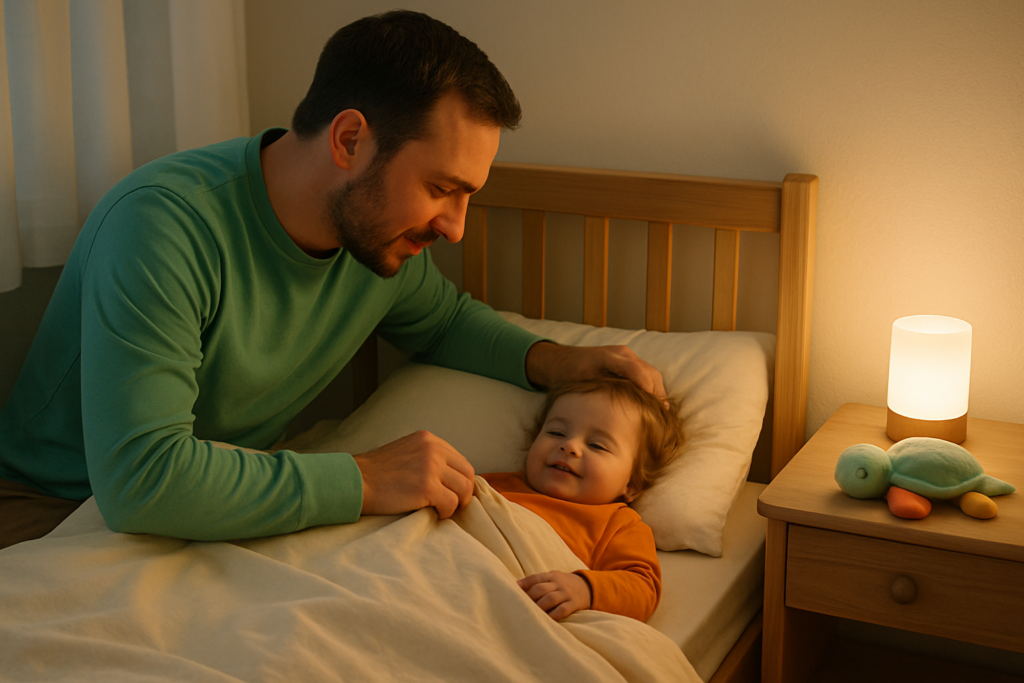 Een ouder stopt een peuter ’s avonds in bed terwijl een nachtlampje zacht licht geeft.