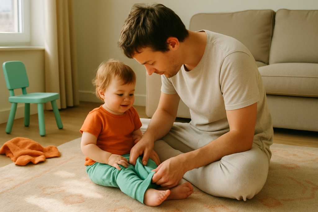 Een peuter en een ouder zitten samen op de vloer terwijl de peuter een onderbroekje aantrekt