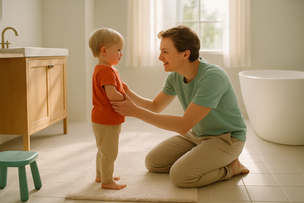 Een ouder knielt lachend bij een peuter in een lichte woonkamer en moedigt het kind liefdevol aan.