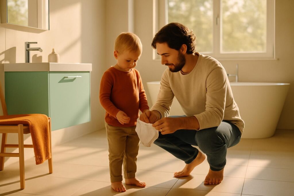 Een ouder helpt een peuter in een lichte, ruime badkamer terwijl ze samen een klein onderbroekje vouwen.