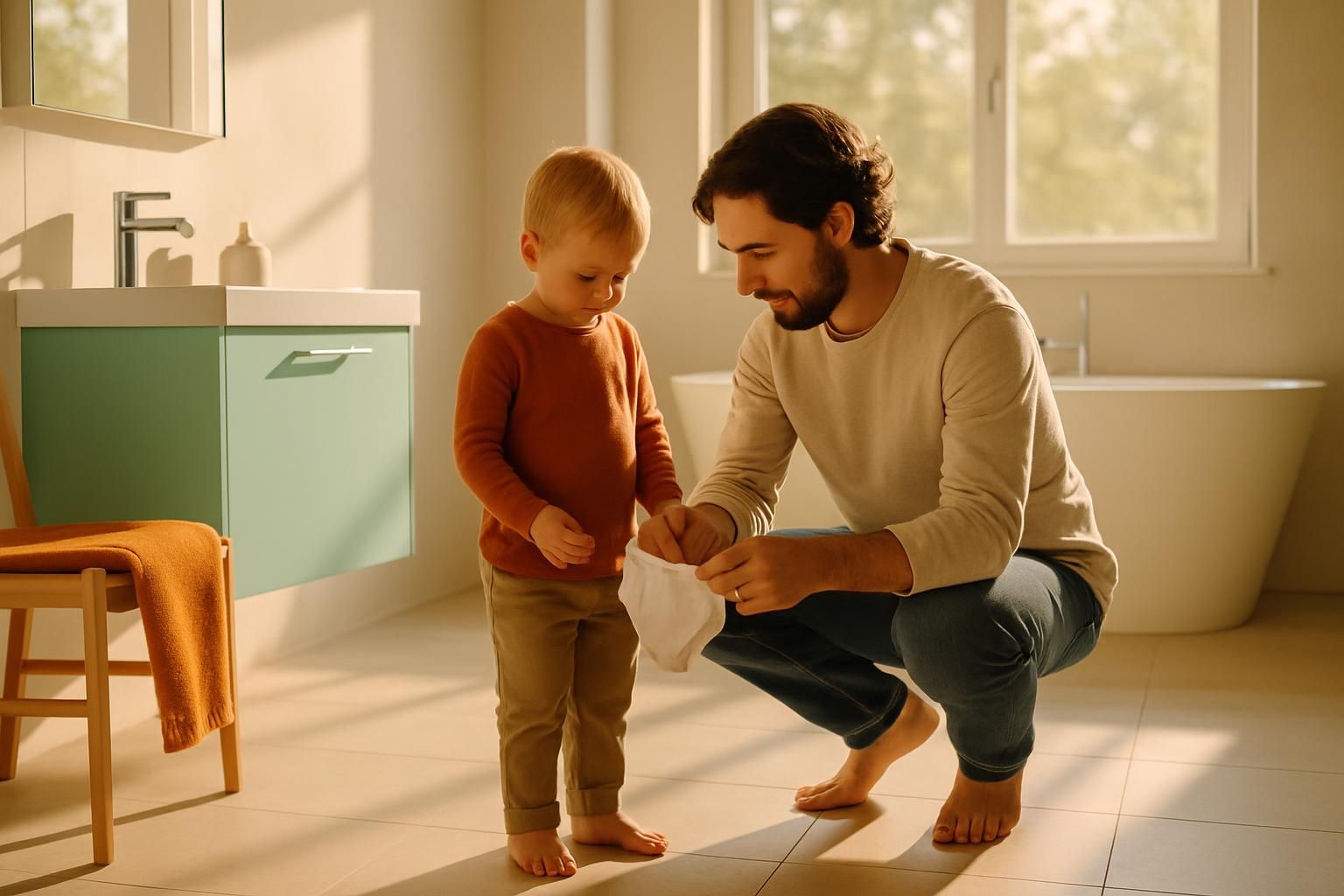 Een ouder helpt een peuter in een lichte, ruime badkamer terwijl ze samen een klein onderbroekje vouwen.