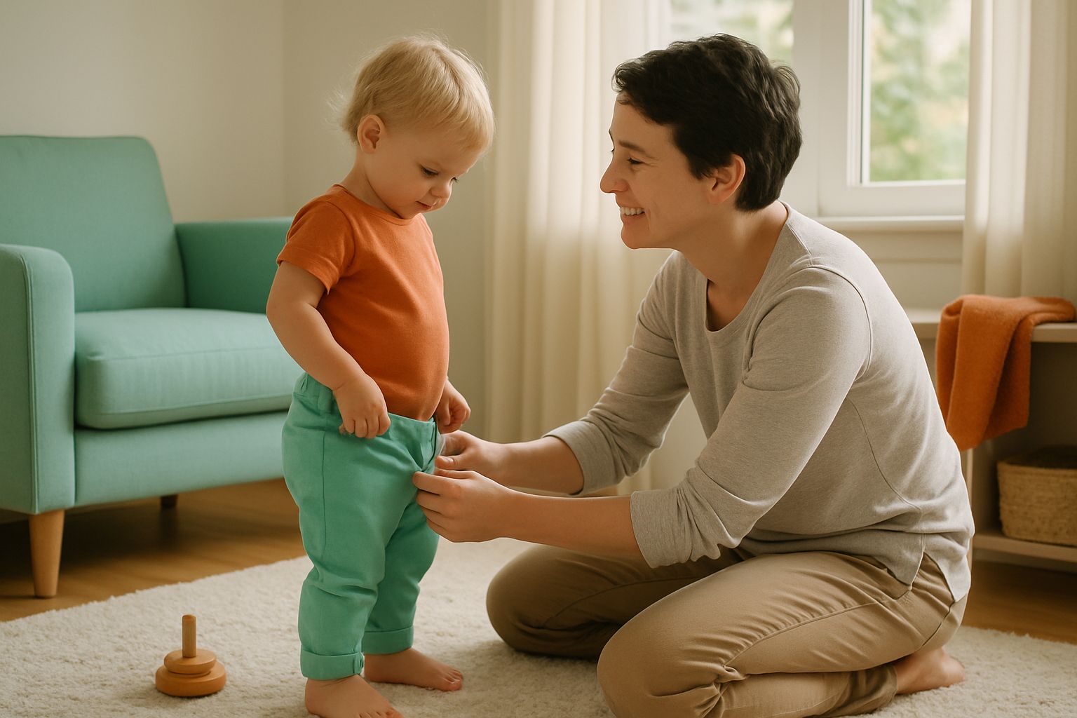 Een ouder helpt een peuter geduldig met het optrekken van de broek in een lichte woonkamer.
