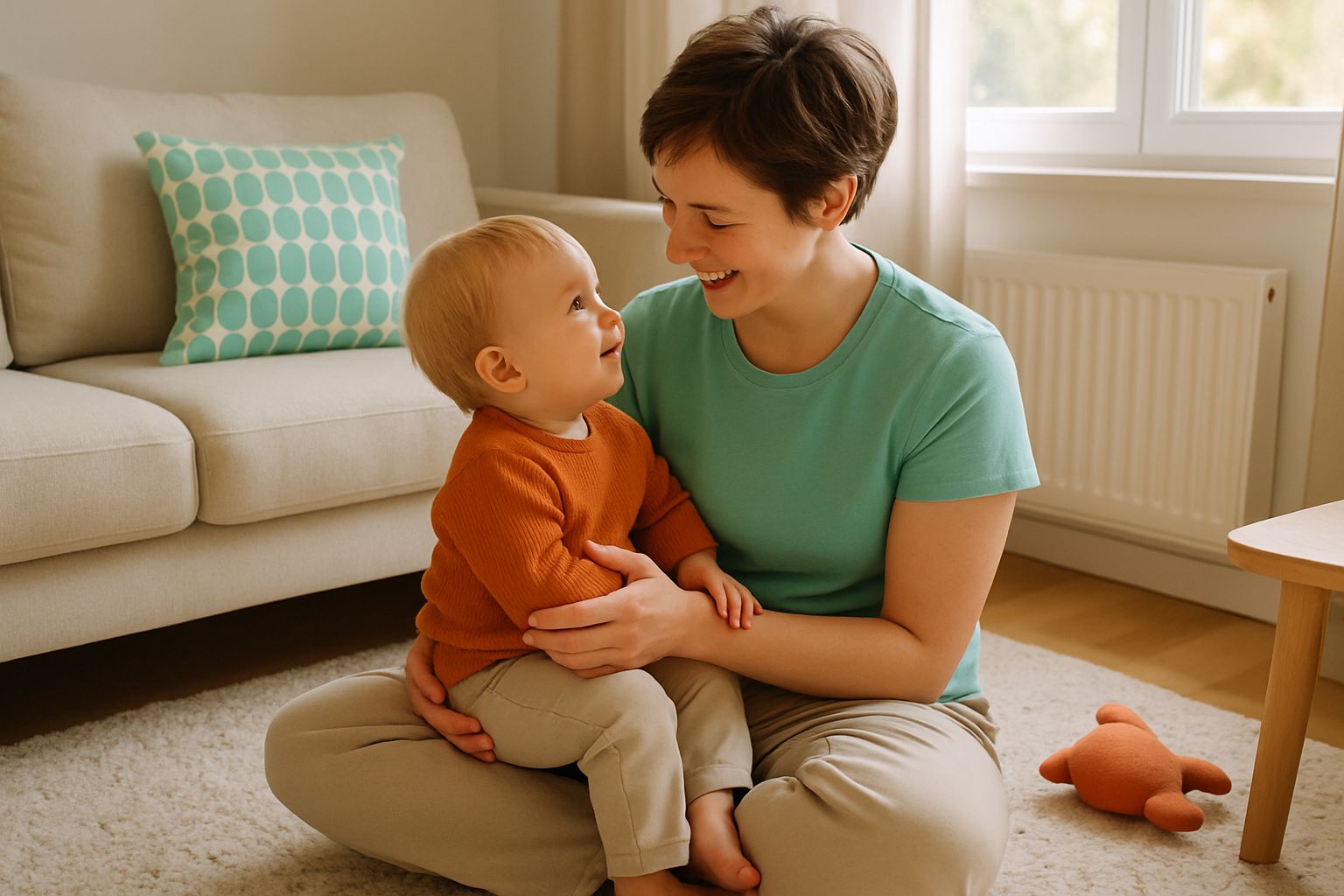 Een ouder zit met een peuter van ongeveer anderhalf jaar op schoot in een lichte woonkamer, ze kijken elkaar liefdevol aan.