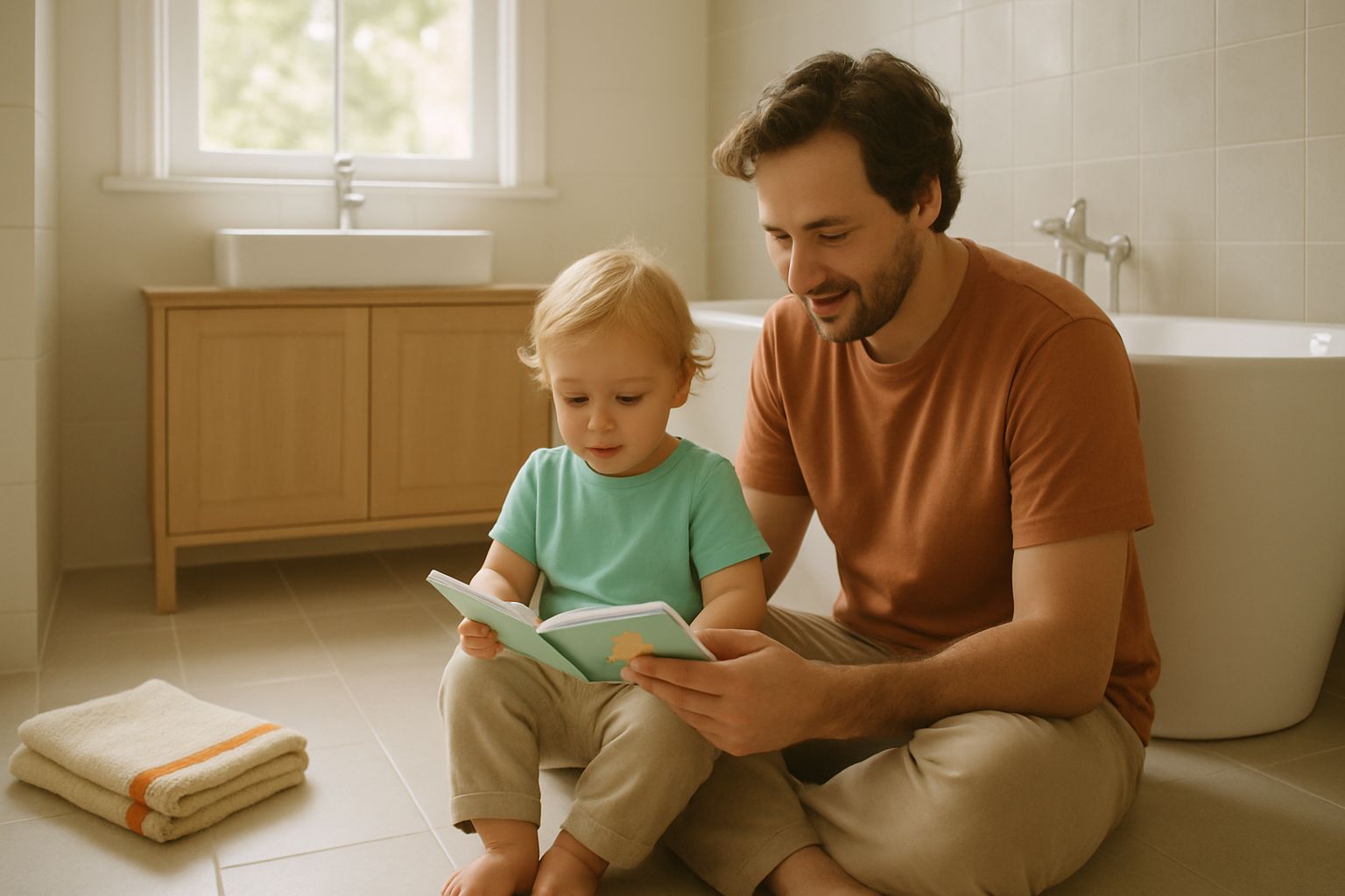 Een ouder en een peuter zitten samen op de badkamervloer een boekje te lezen in zacht daglicht.