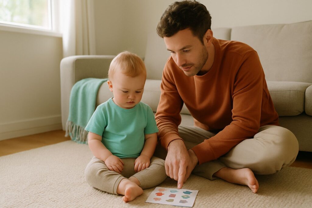 Een ouder en een peuter zitten samen op een vloerkleed in de woonkamer naar een schema te kijken.