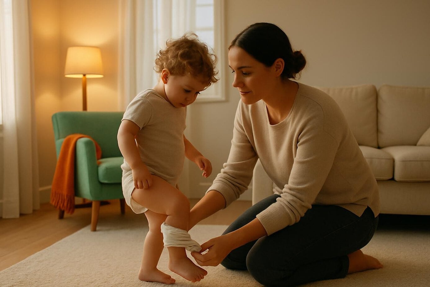 Een ouder helpt een peuter in een lichte woonkamer bij het aantrekken van een katoenen onderbroek.