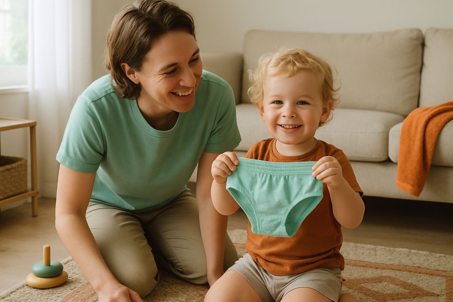 Een ouder en een peuter zitten samen op de vloer van een lichte woonkamer, de peuter houdt een setje ondergoed vast.