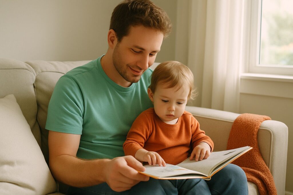 Een peuter zit bij een ouder op schoot op de bank en samen kijken ze naar een prentenboek.