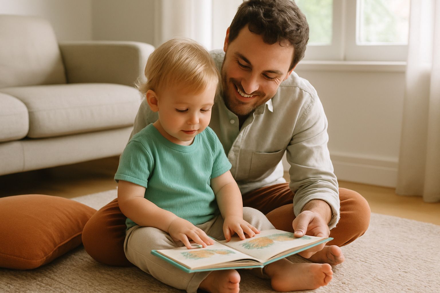 Een ouder en een peuter zitten samen op een vloerkleed in de woonkamer een boekje te lezen.