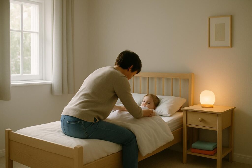 Een ouder stopt een peuter in bed terwijl een nachtlampje zacht licht geeft in de slaapkamer.