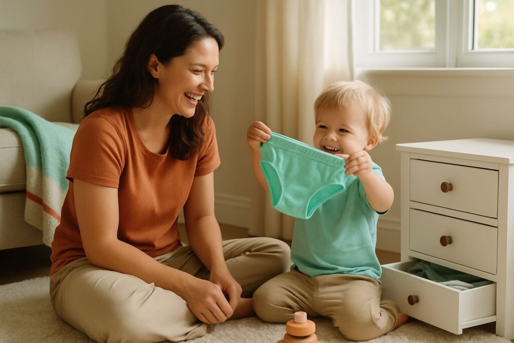 Een moeder en haar peuter zitten samen op een vloerkleed in de woonkamer, terwijl het kind trots een nieuw onderbroekje omhoog houdt.