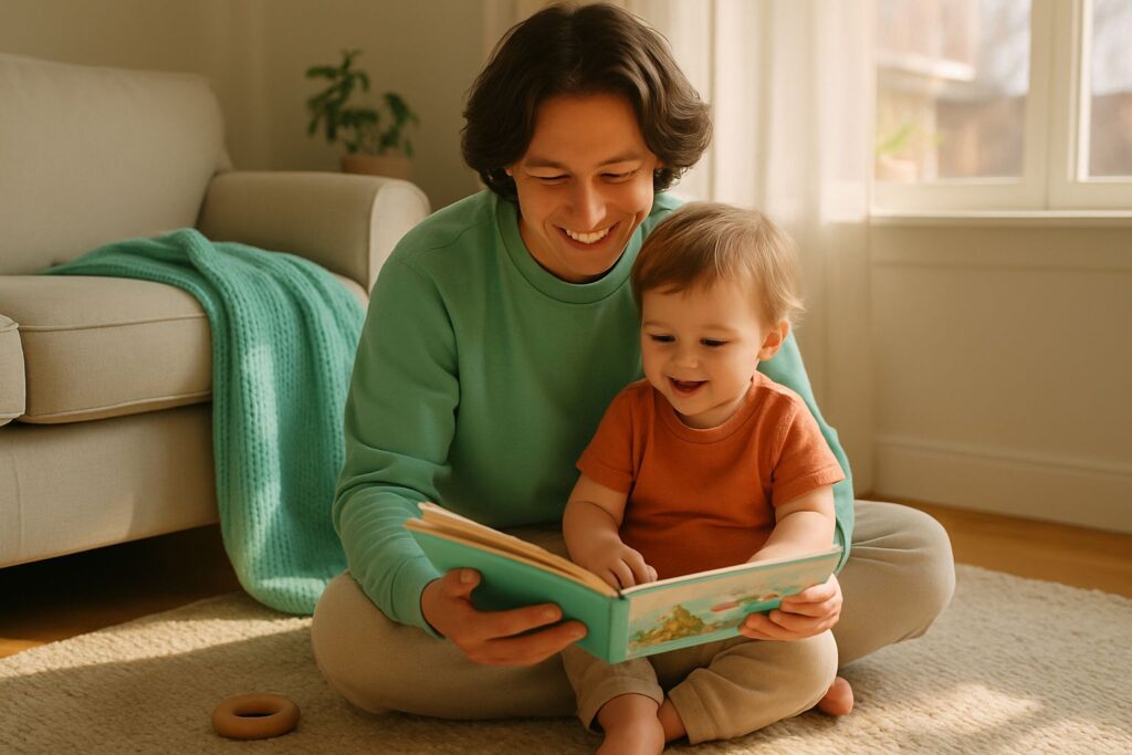 Een ouder en een peuter zitten samen op een kleed in de woonkamer een boekje te lezen, in een lichte ruimte.