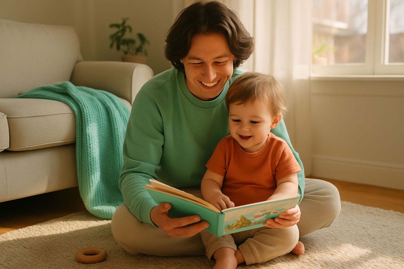 Een ouder en een peuter zitten samen op een kleed in de woonkamer een boekje te lezen, in een lichte ruimte.