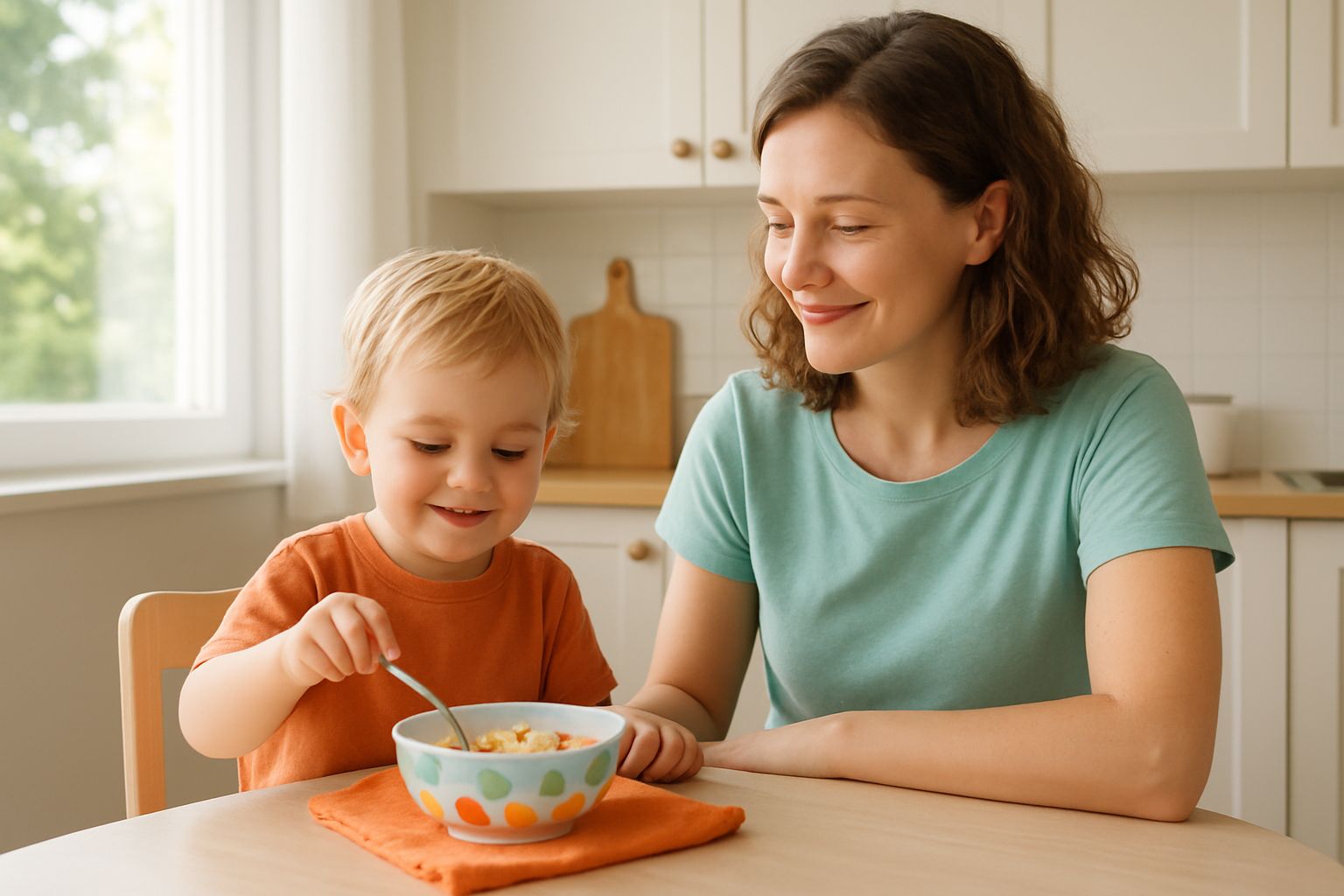 Een moeder en haar peuter zitten samen aan tafel in de keuken, de peuter houdt een lepel vast boven een kom eten terwijl de moeder glimlachend toekijkt.