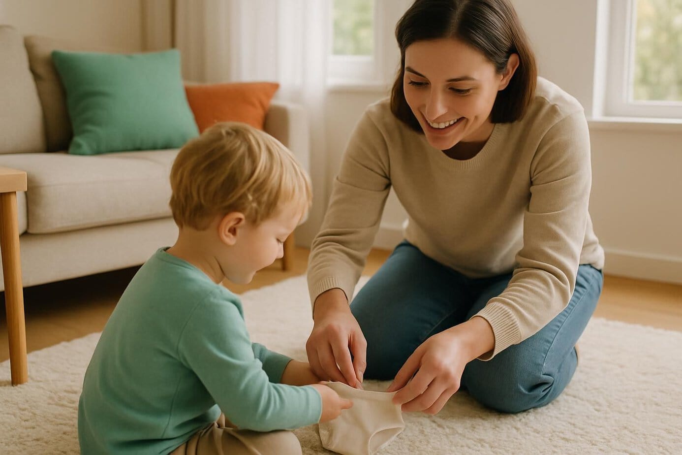 Een ouder vouwt samen met een peuter een klein onderbroekje op een vloerkleed in een zonnige woonkamer.