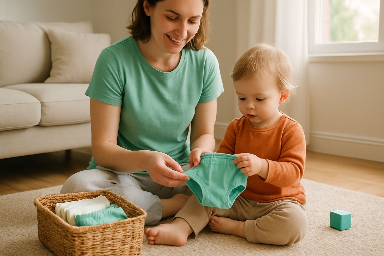Een ouder en een peuter zitten samen op een kleed in de woonkamer en vouwen kleine wasbare broekjes op die in een mand liggen.