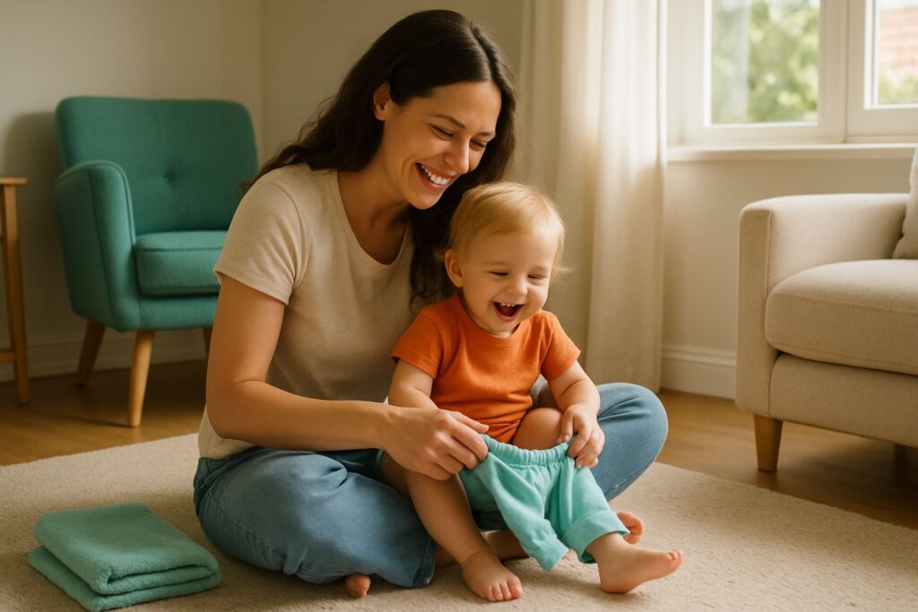 Een moeder zit met haar peuter op schoot op een kleed in de woonkamer en helpt het kind bij het aantrekken van een broekje.
