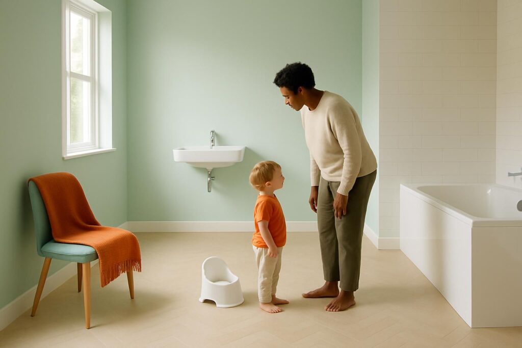 Een ouder hurkt bij een klein potje in een lichte badkamer terwijl een peuter er rustig naast staat.