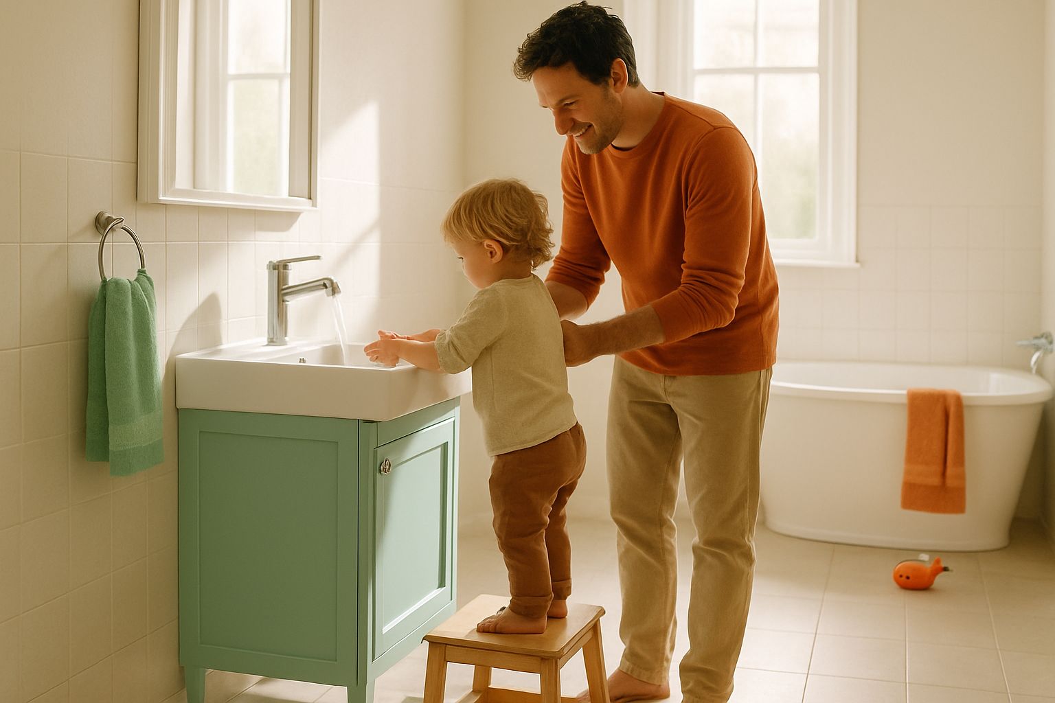 Een peuter staat op een opstapje bij de wastafel om zelf de handen te wassen, met een ouder ernaast.