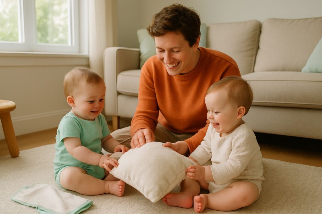 Een ouder zit op de vloer in de woonkamer met twee kleine tweelingkinderen, samen lachend in een gezellige, lichte ruimte.