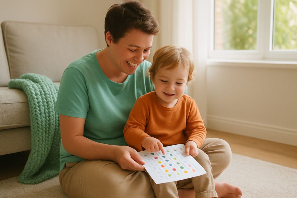 Een ouder zit met een peuter op schoot op een tapijt in de woonkamer, samen kijkend naar een beloningskaart met stickers.