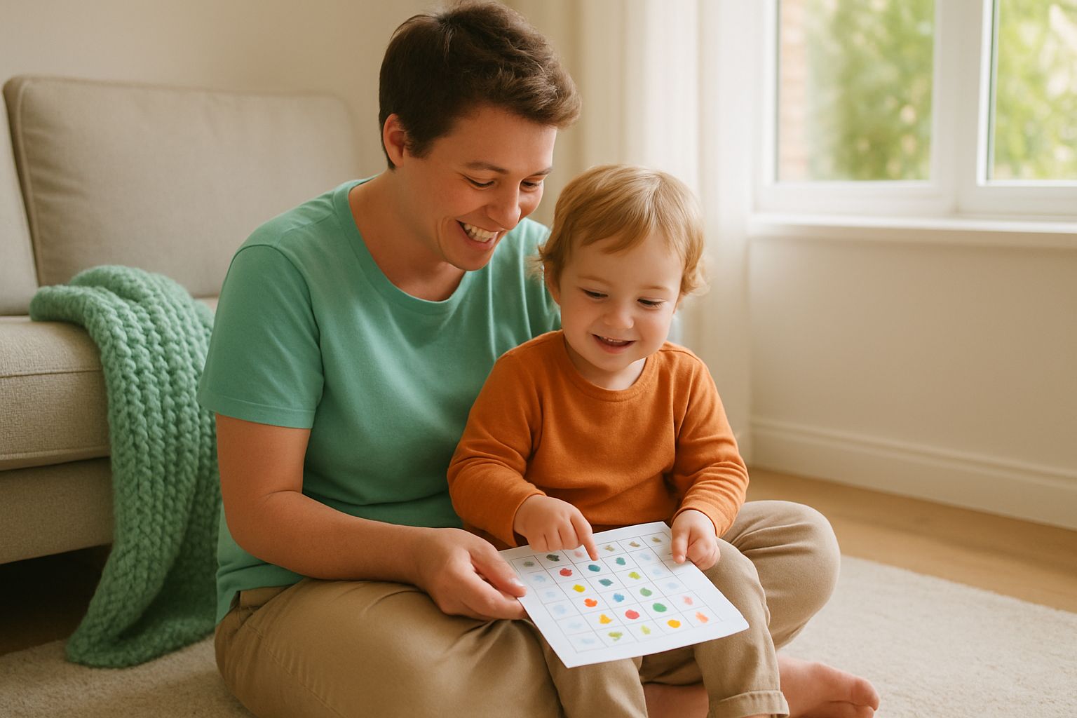 Een ouder zit met een peuter op schoot op een tapijt in de woonkamer, samen kijkend naar een beloningskaart met stickers.