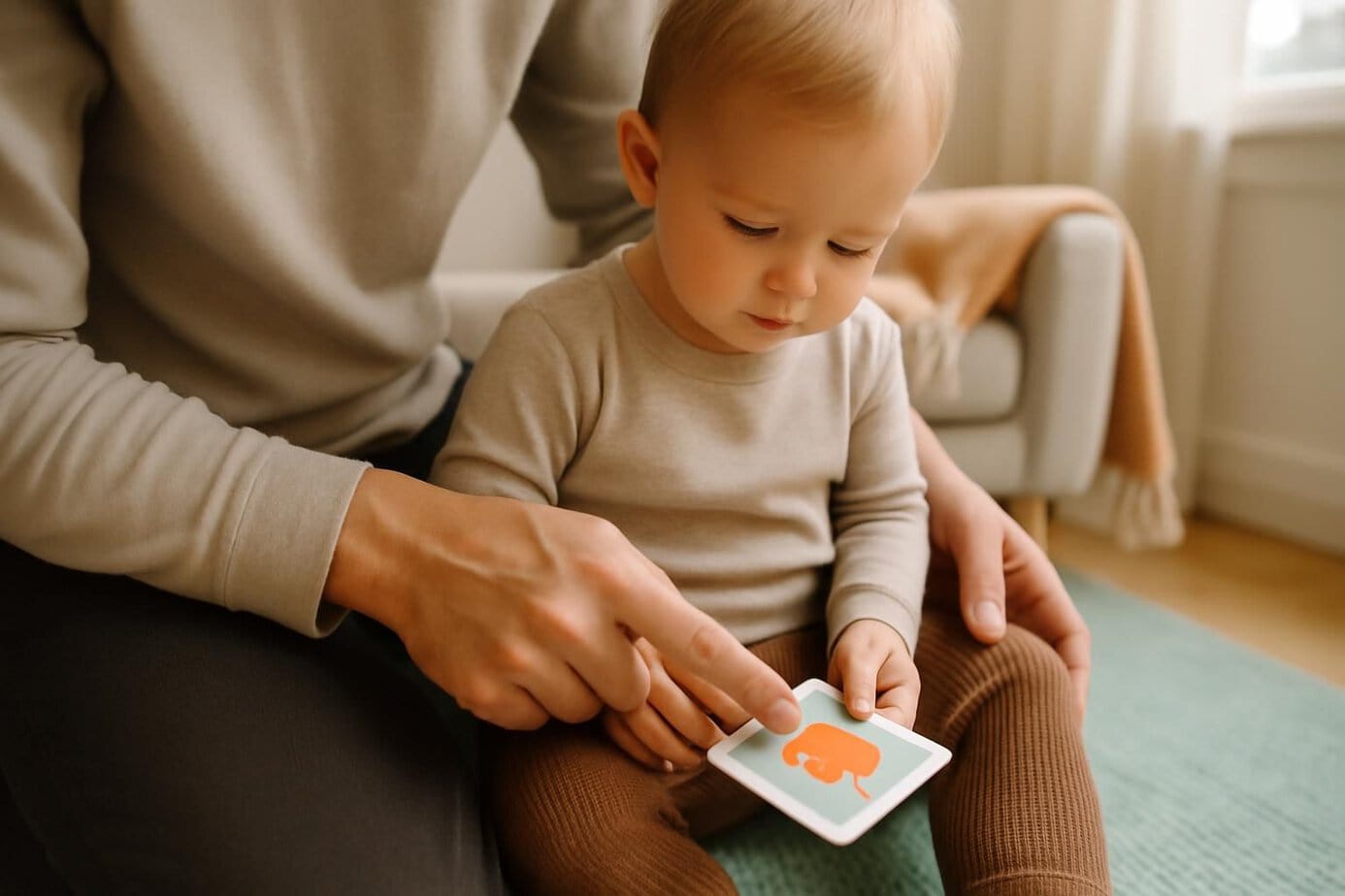 Een ouder zit met een peuter op schoot op een vloerkleed en wijst samen naar een pictokaartje.
