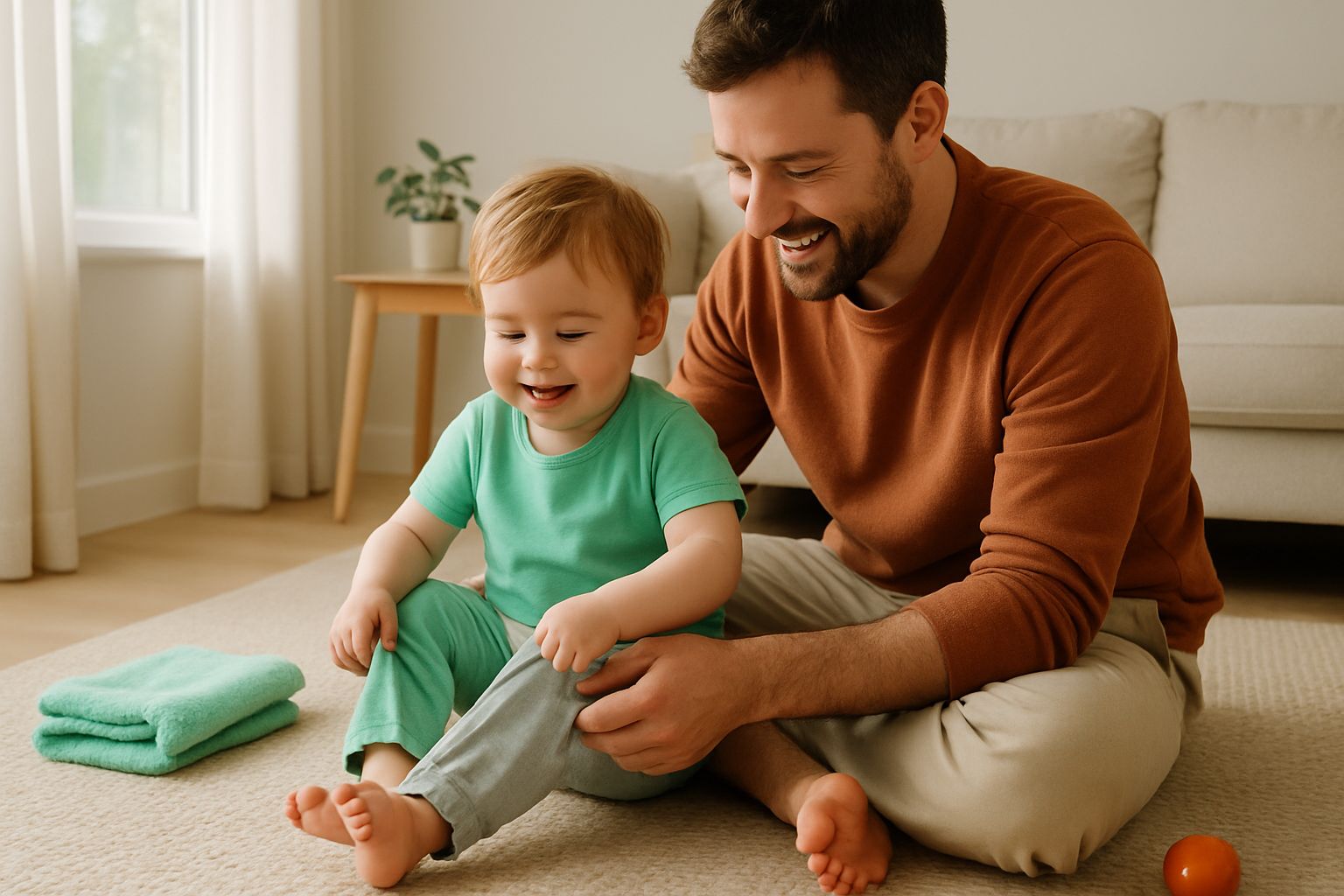 Een ouder helpt een peuter met het aantrekken van een broekje op een vloerkleed in een lichte woonkamer.