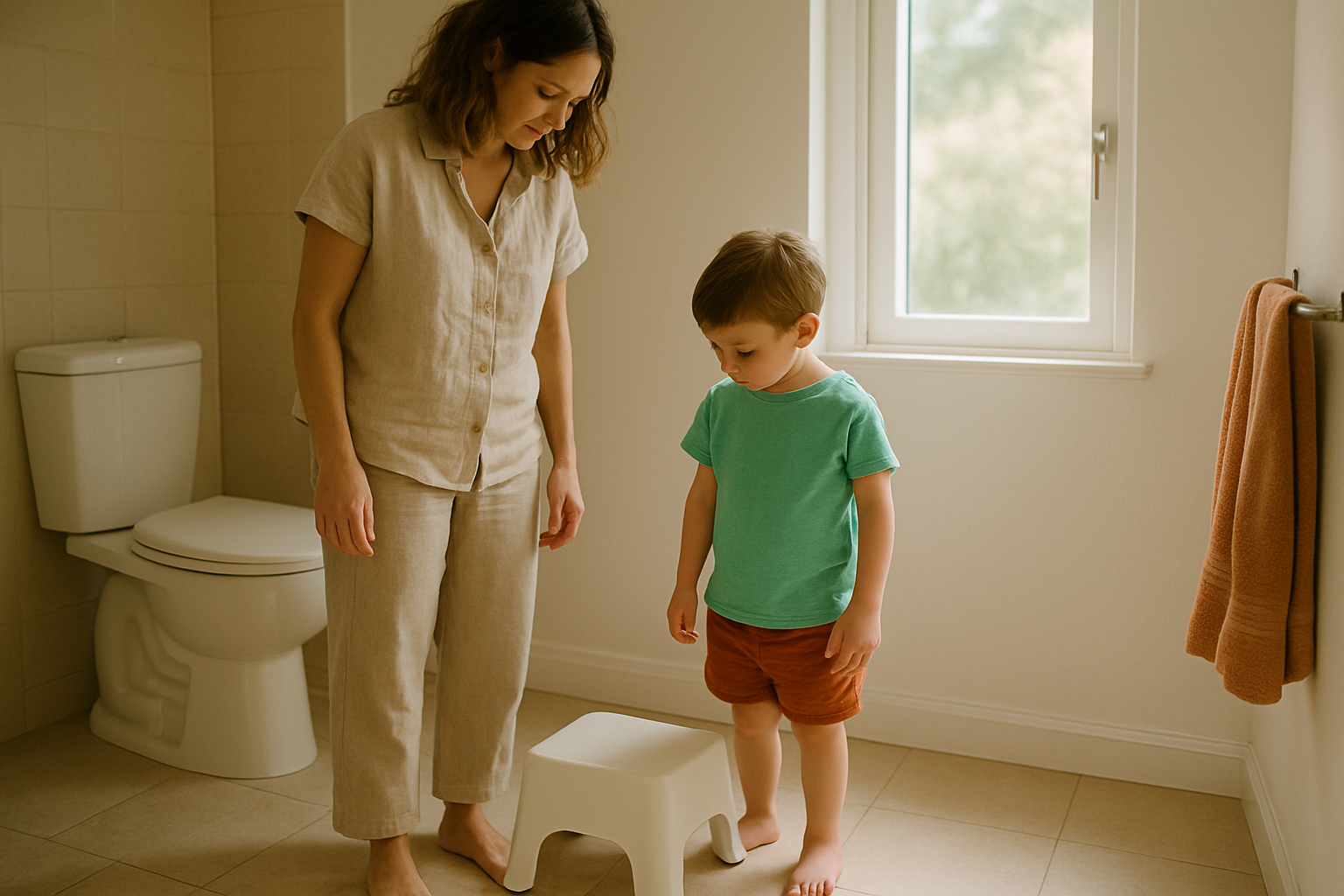Eine Mutter sitzt ruhig neben ihrem vierjährigen Kind auf dem Badezimmerboden vor einem kleinen Hocker.