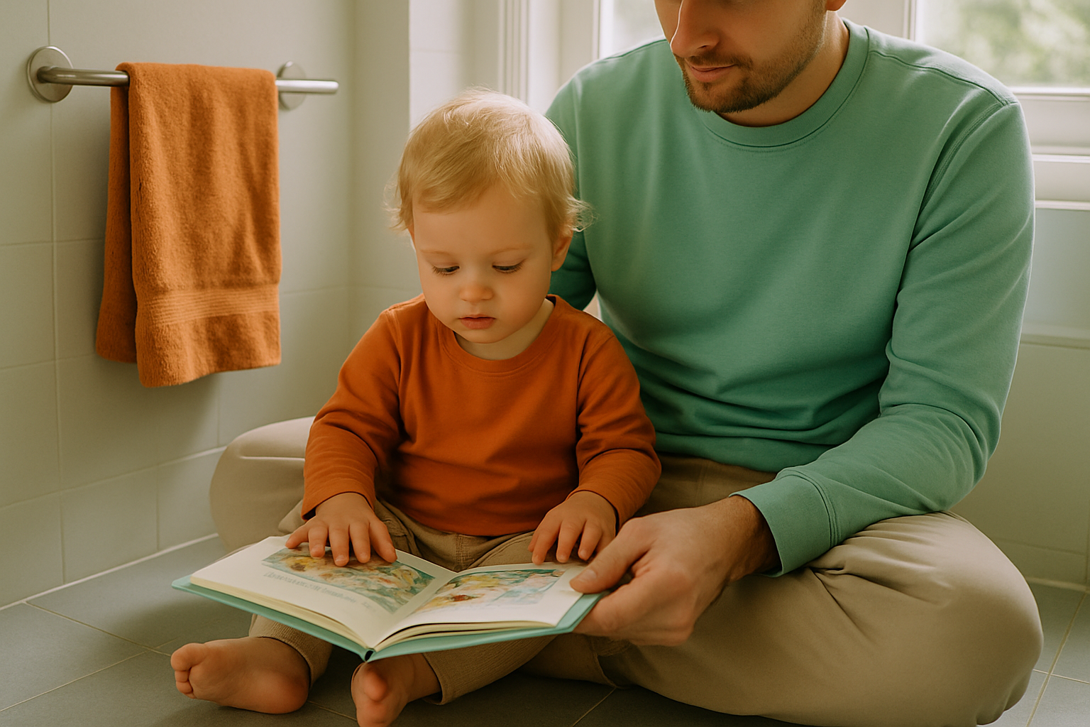 Ein Kleinkind sitzt neben einem Elternteil auf dem Boden im Bad und schaut gemeinsam mit ihm in ein Bilderbuch.