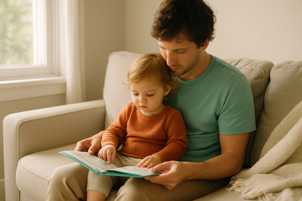 Ein Kleinkind sitzt auf dem Schoß eines Elternteils auf dem Sofa und schaut gemeinsam mit ihm in ein Bilderbuch.