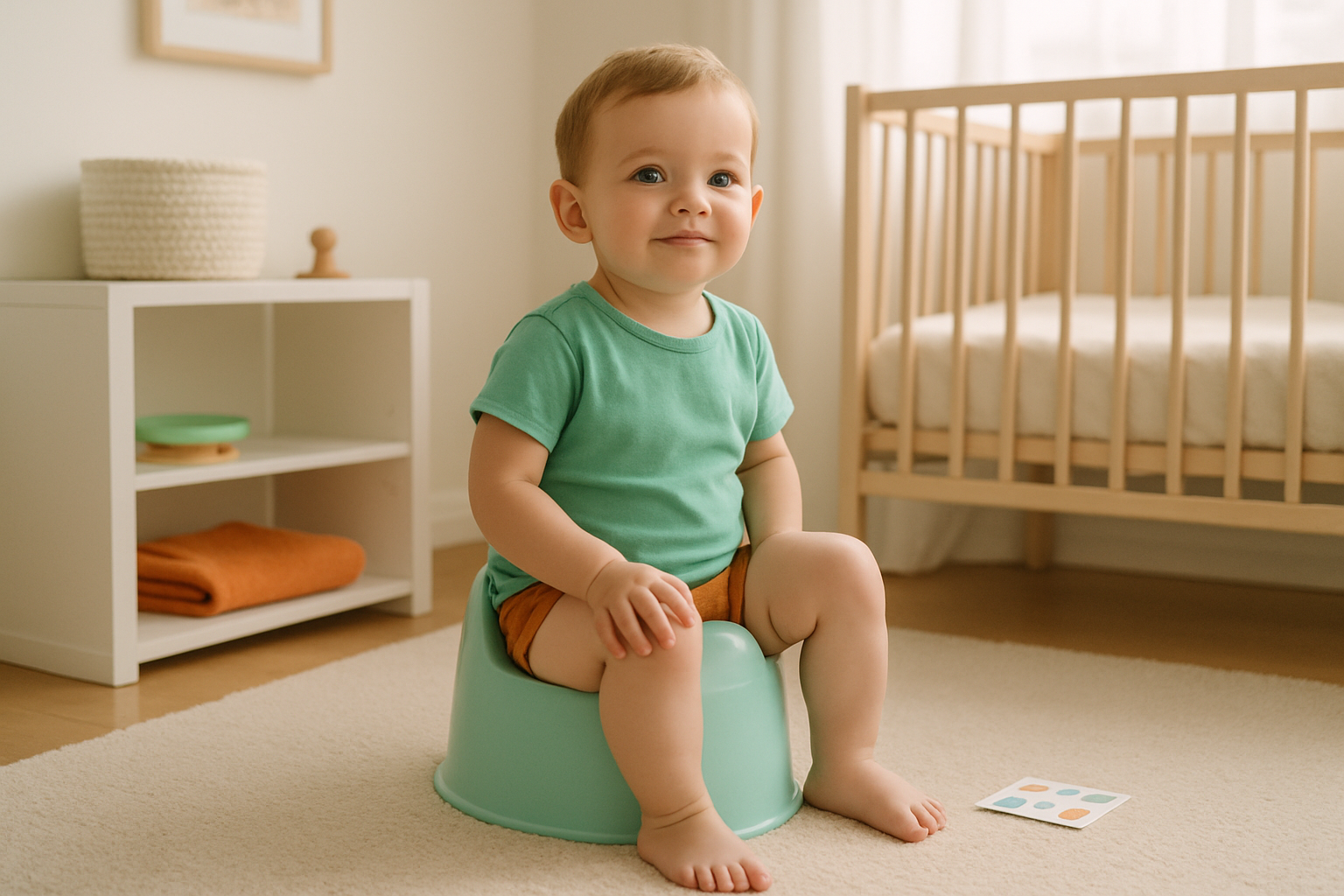 Kleinkind sitzt auf dem Töpfchen im Kinderzimmer, daneben eine Stickerkarte für die Sauberkeitserziehung