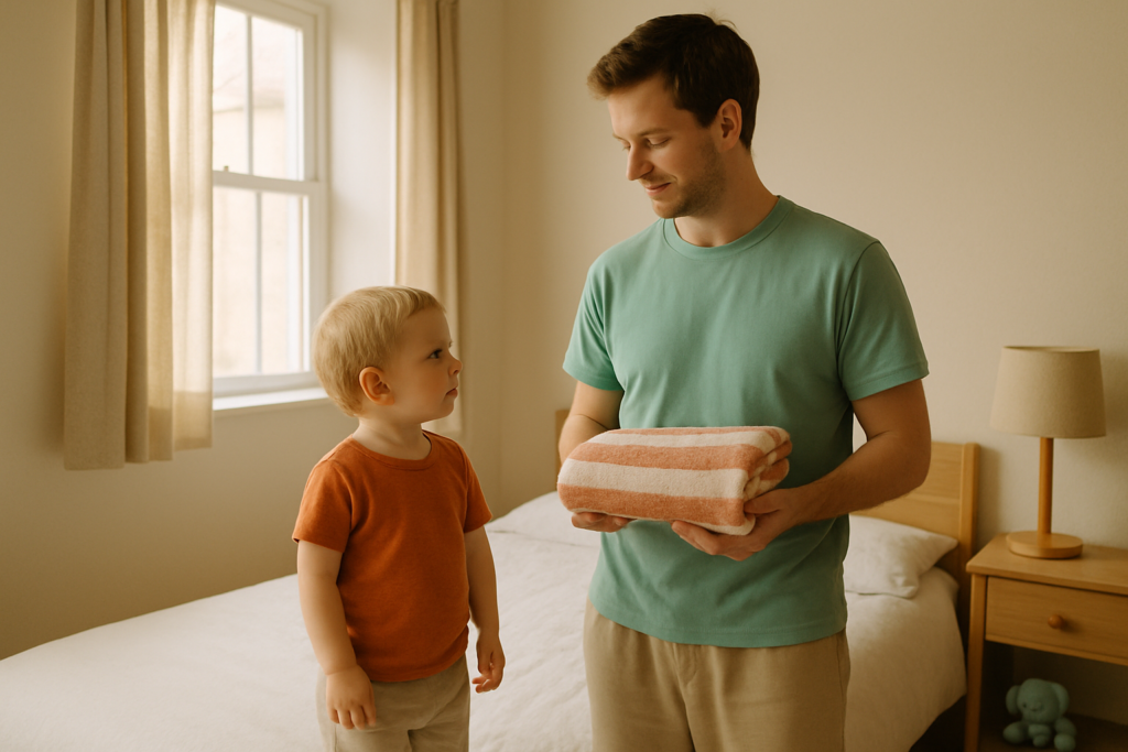 Ein Elternteil steht mit einem kleinen Kind neben einem gemachten Bett im Morgenlicht.