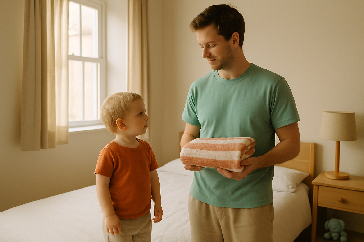 Ein Elternteil steht mit einem kleinen Kind neben einem gemachten Bett im Morgenlicht.