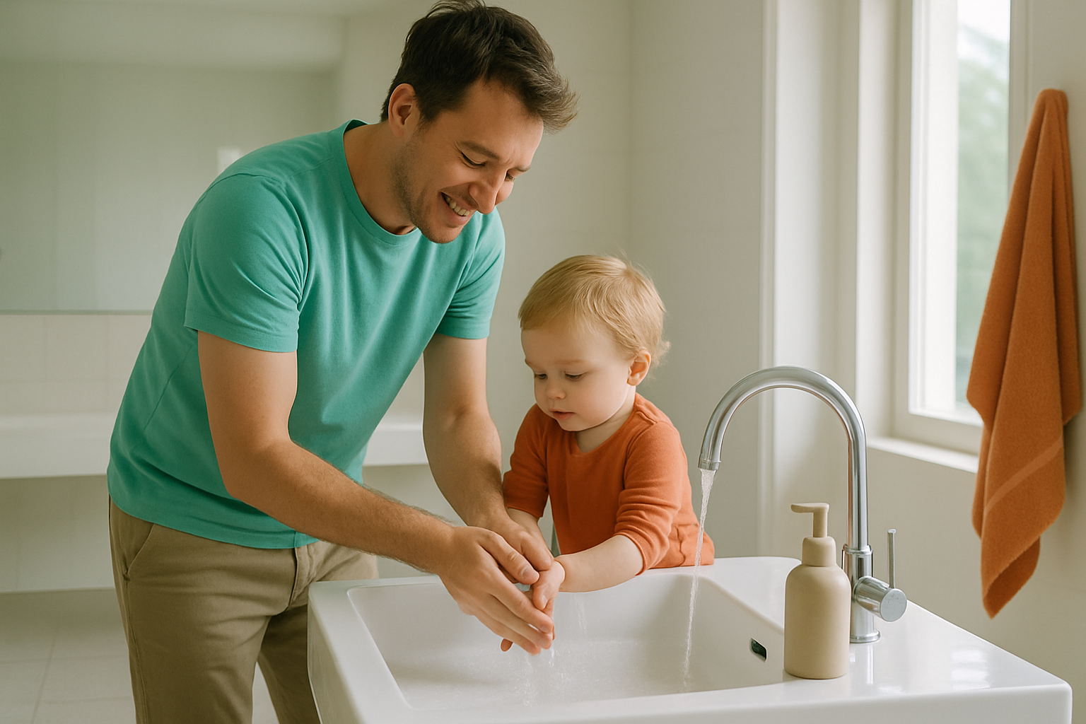 Ein Elternteil und ein Kleinkind stehen zusammen an einem hellen Waschbecken und waschen sich die Hände.